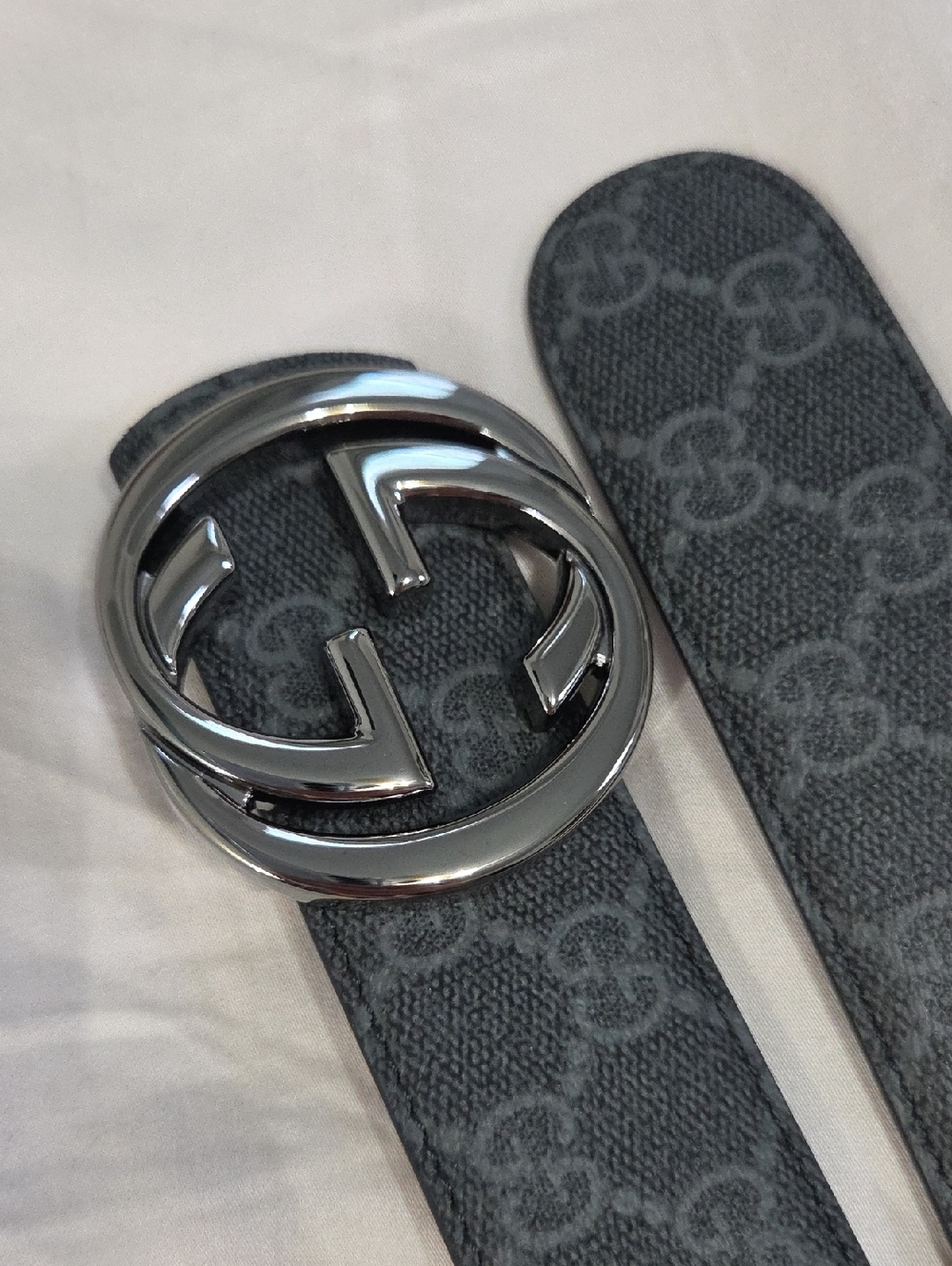 Gucci Reversible Gray Monogram GG Leather Belt with Silver Double G Buckle